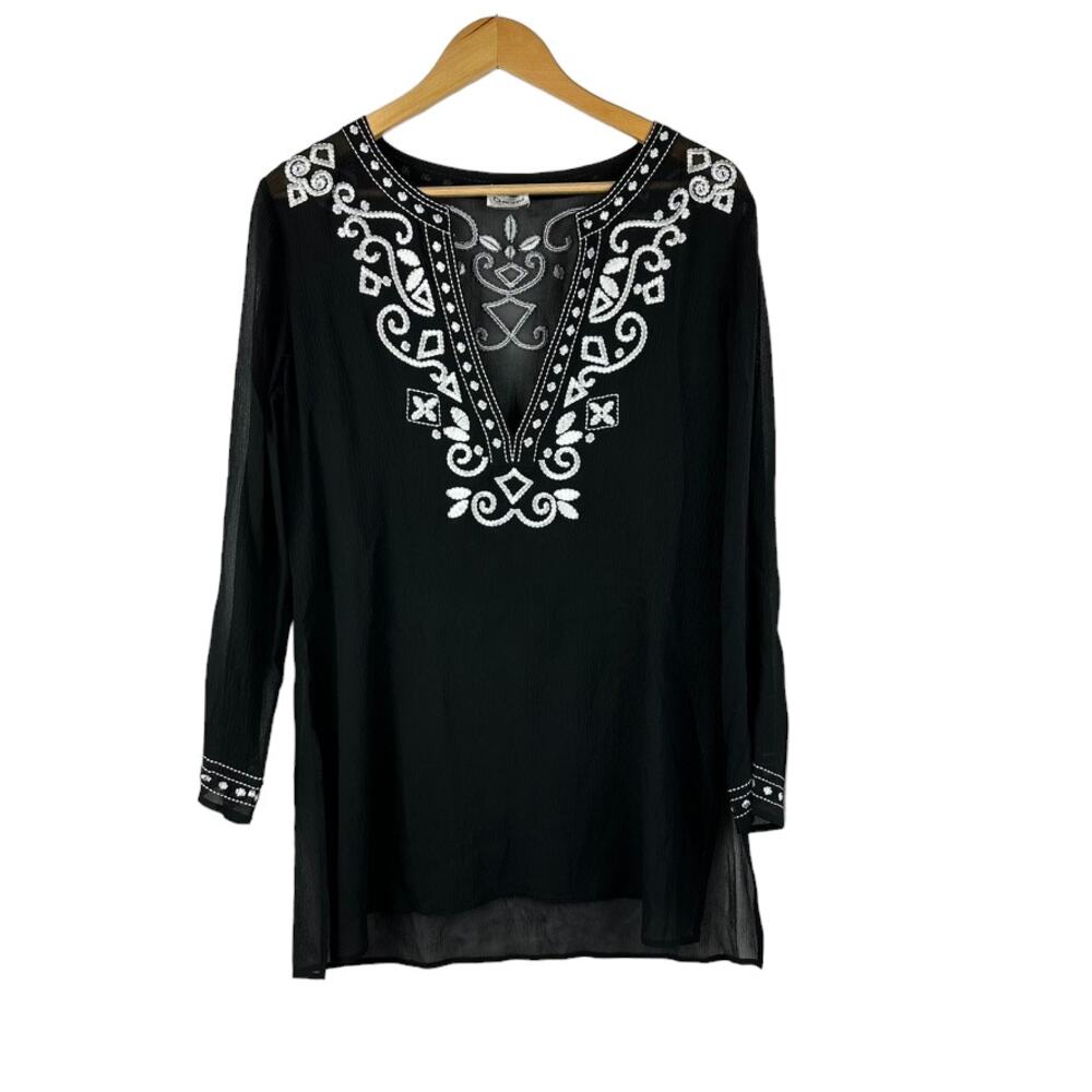 Chico's Womens Black Silk Embroidered Tunic Size 0/S Bohemian Gauzy V-neck